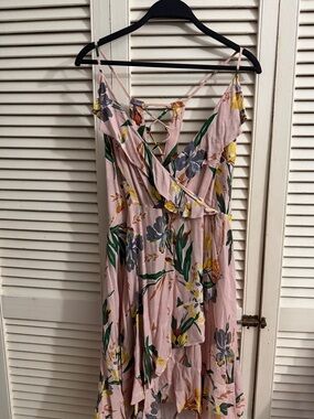 Blush Floral High-Low Ruffle Dress with Lace-Back